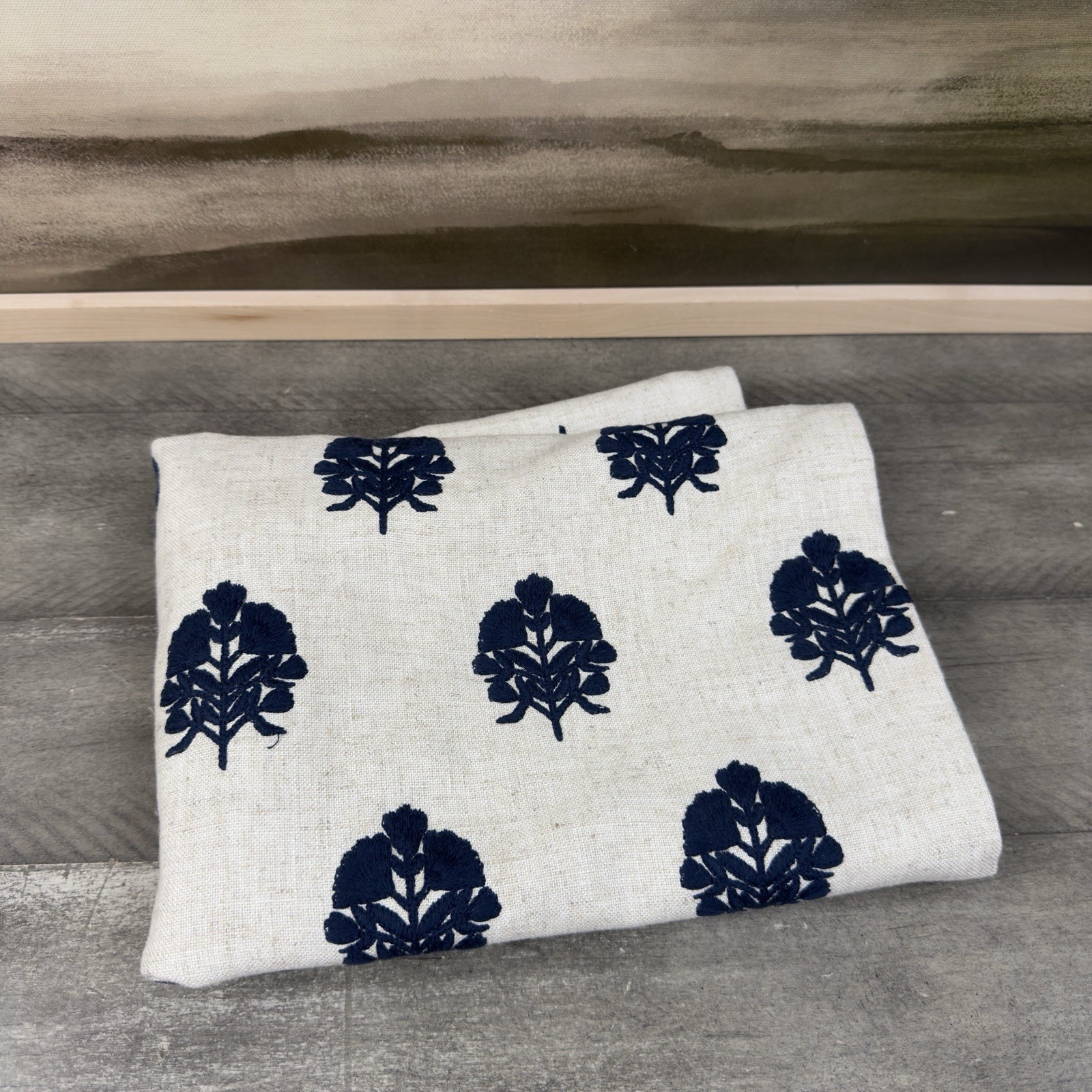 Pottery Barn Mila Embroidered Pillow Cover 20”x20” Natural Midnight Blue Flax OB gallery