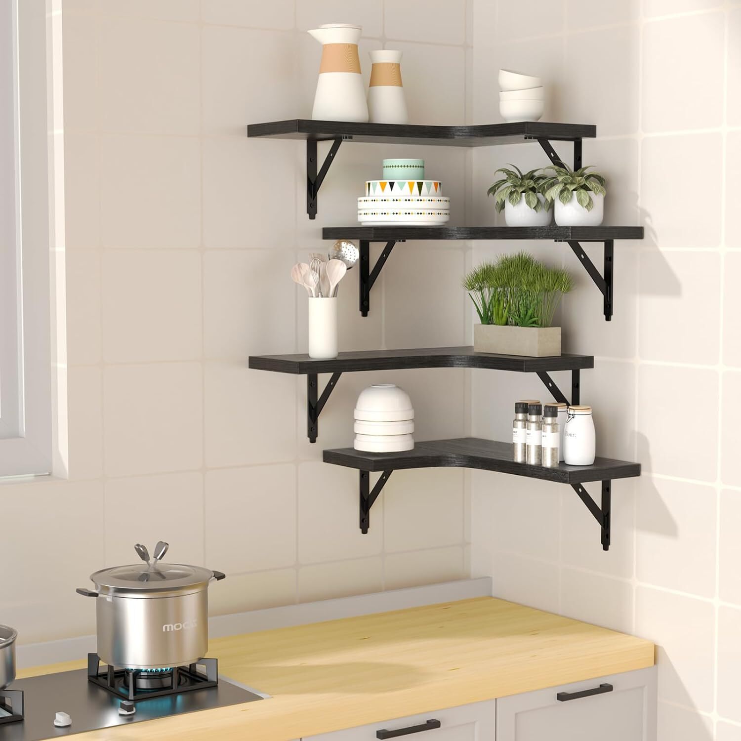 ROMGUAR CRAFT Corner Floating Shelves Wall Mounted Set of 4, Rustic Wood Storage gallery