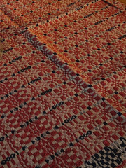 NEW Primitive TABLE SQUARE RED BLUE TAN WOVEN 52″x52″ FREEPORT Farmhouse Rustic