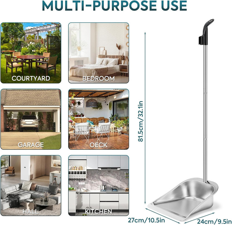 Dust Pans with Long Handle - 35”Heavy Duty Metal Upright Stand Up Dustpan - Long gallery