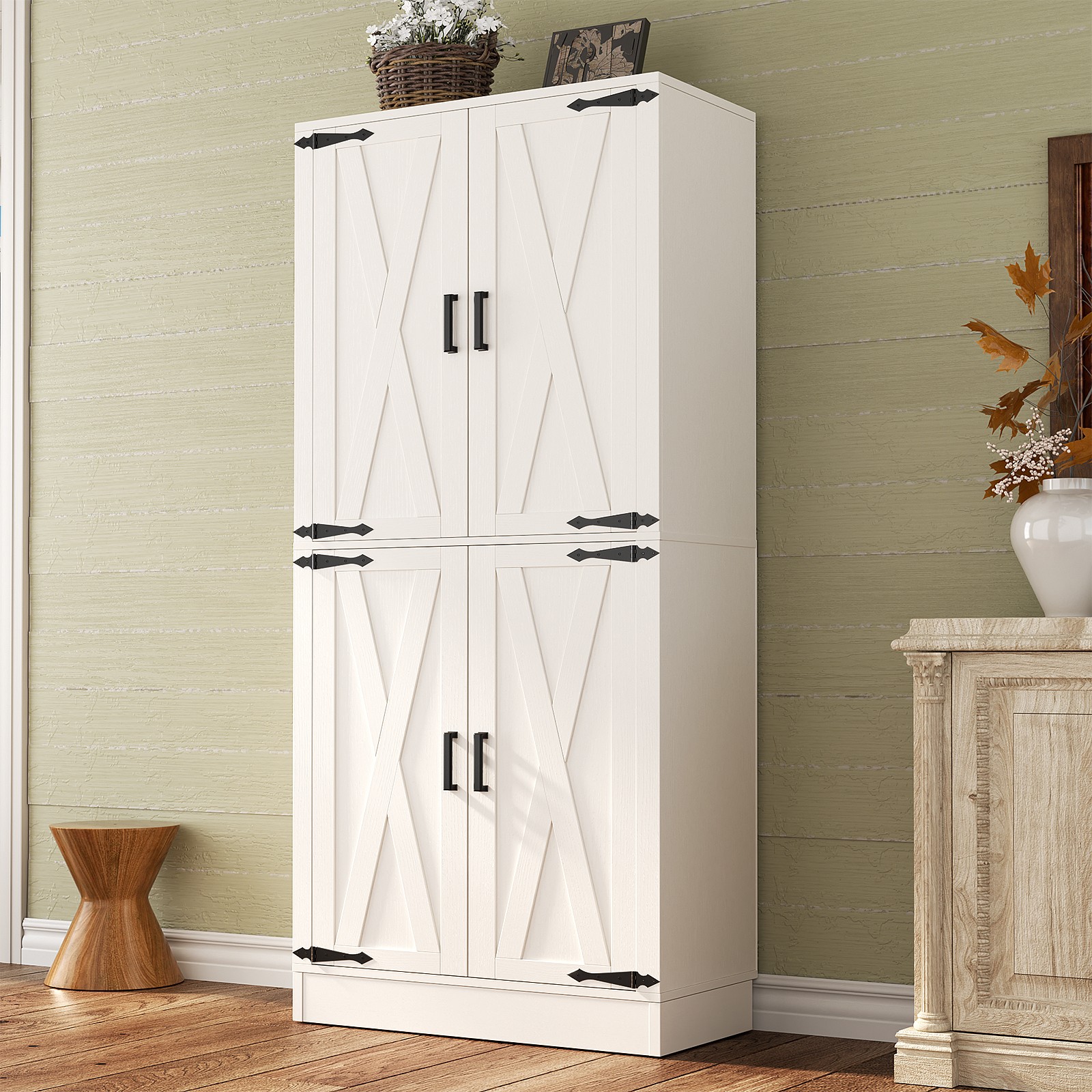 71" Tall Kitchen Pantry Storage Cabinet with 4 Barn Doors and Drawer and Shelves gallery