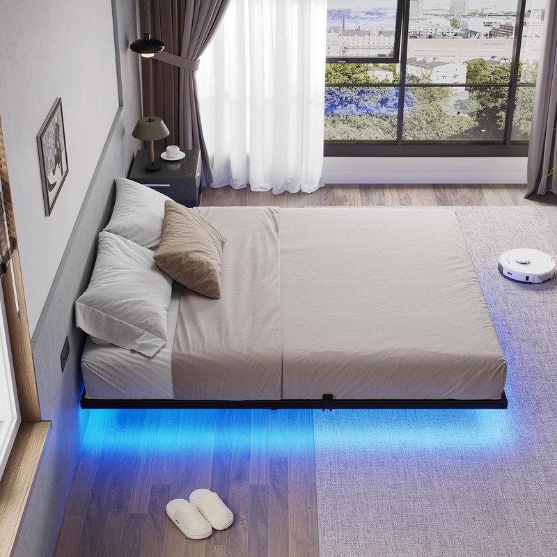 Floating Bed Frame King Size with LED Lights, Metal Platform Bed Frame, Black gallery