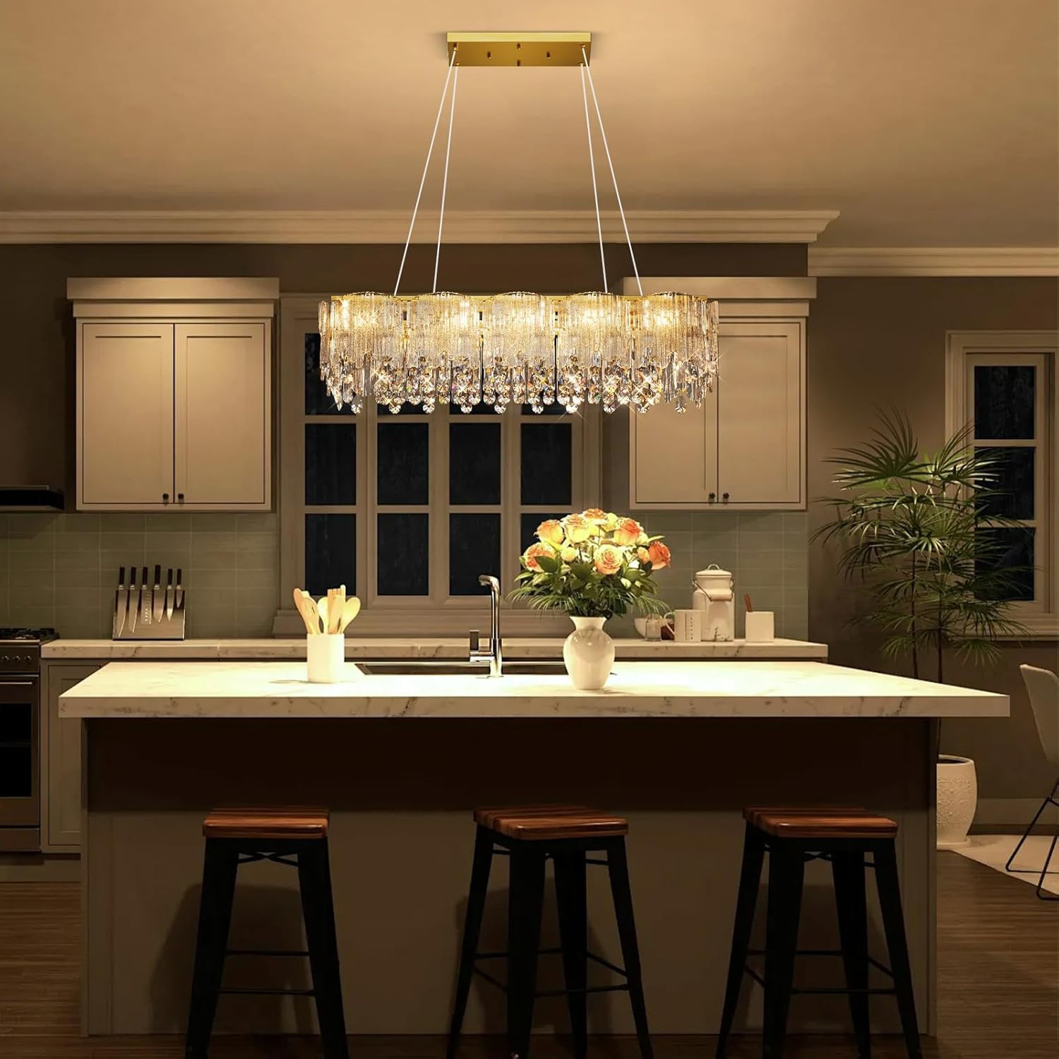 38'' Crystal Chandelier, Modern Rectangular Chandelier, 10-Light Gold Dining Roo gallery