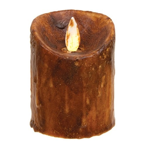 NEW PRIMITIVE PILLAR CANDLE BROWN TIMER Motion Faux Flame 3" x 2.5" LED RUSTIC gallery