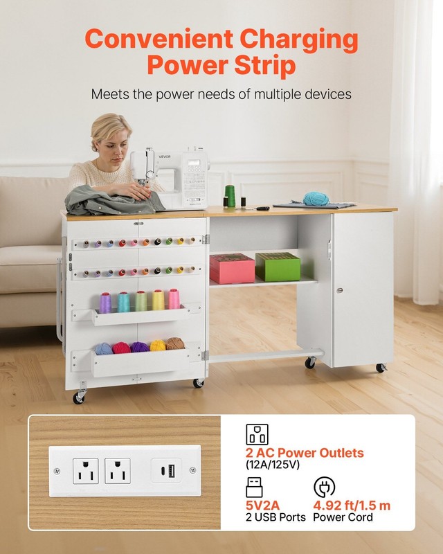 Compact Folding Sewing Desk 62x19in, 3-Tier Organizer, 2USB+2AC, 6 Casters gallery