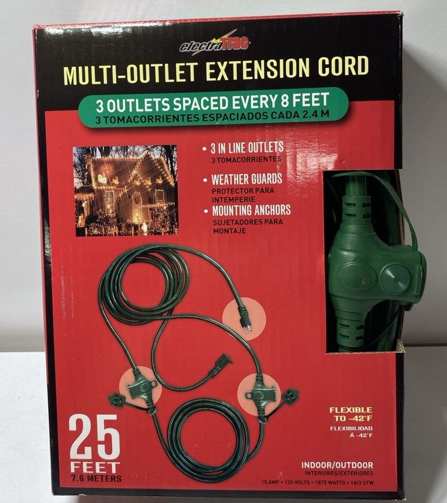 ElectraTRAC In-line Multi-Outlet Extension Cord 14/3 Heavy Duty 25 Foot Long