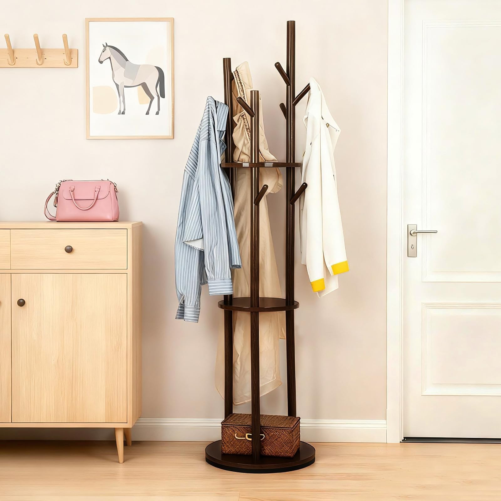 Freestanding Coat Rack, Solid Pine Wood Rotary Coat Tree with 3 Shelves and 9... gallery