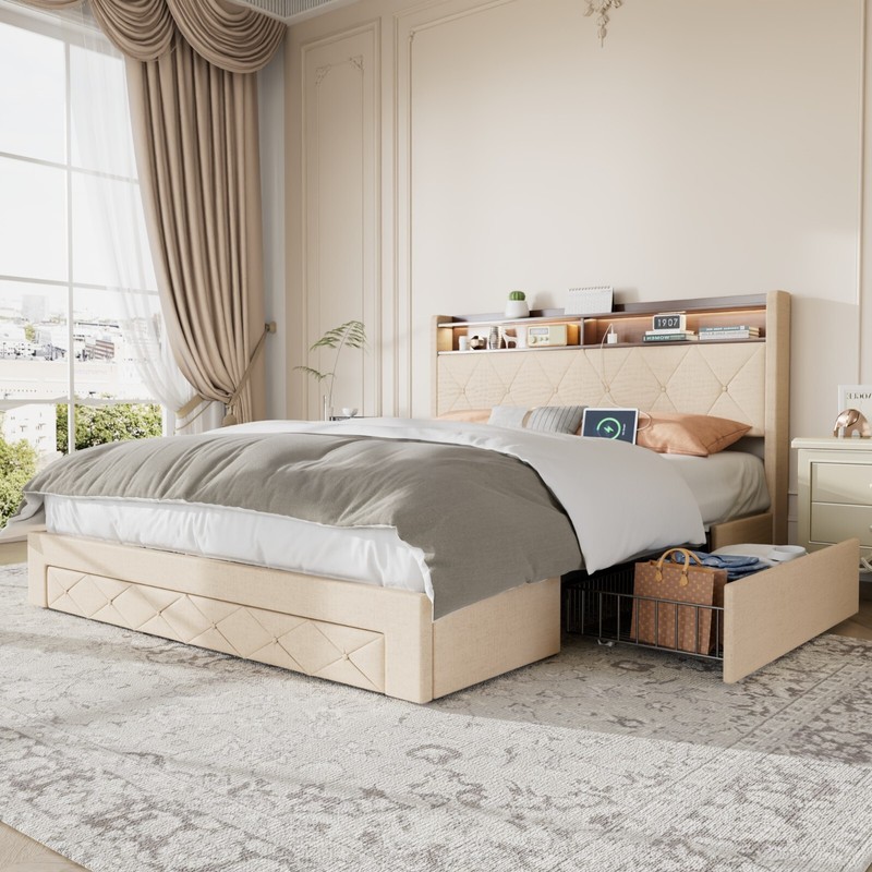 Full Queen Size Bed Frame with 4 Storage Drawers Wood Platform Velvet Headboard gallery