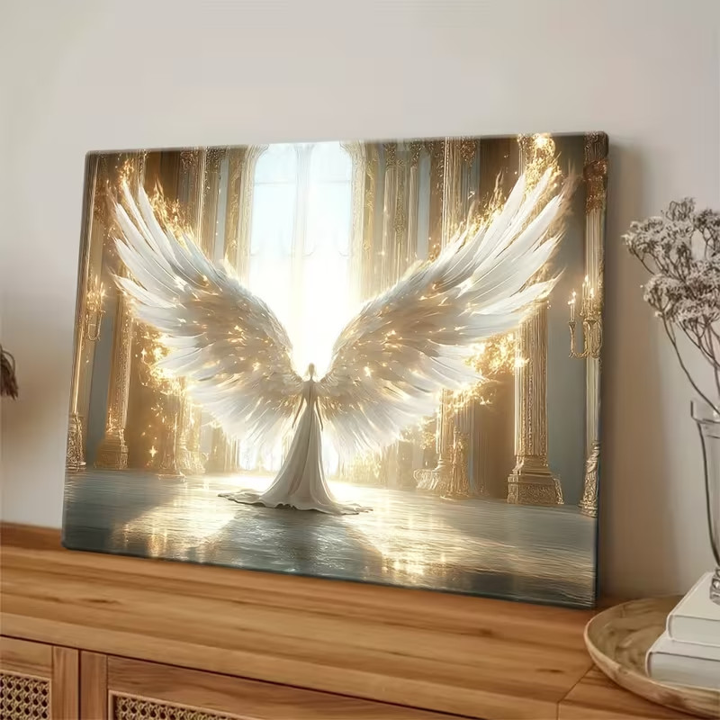 Framed 24x36 Angelic Figure in Grand Hall – Glowing Wings Divine Fantasy Wall Ar gallery