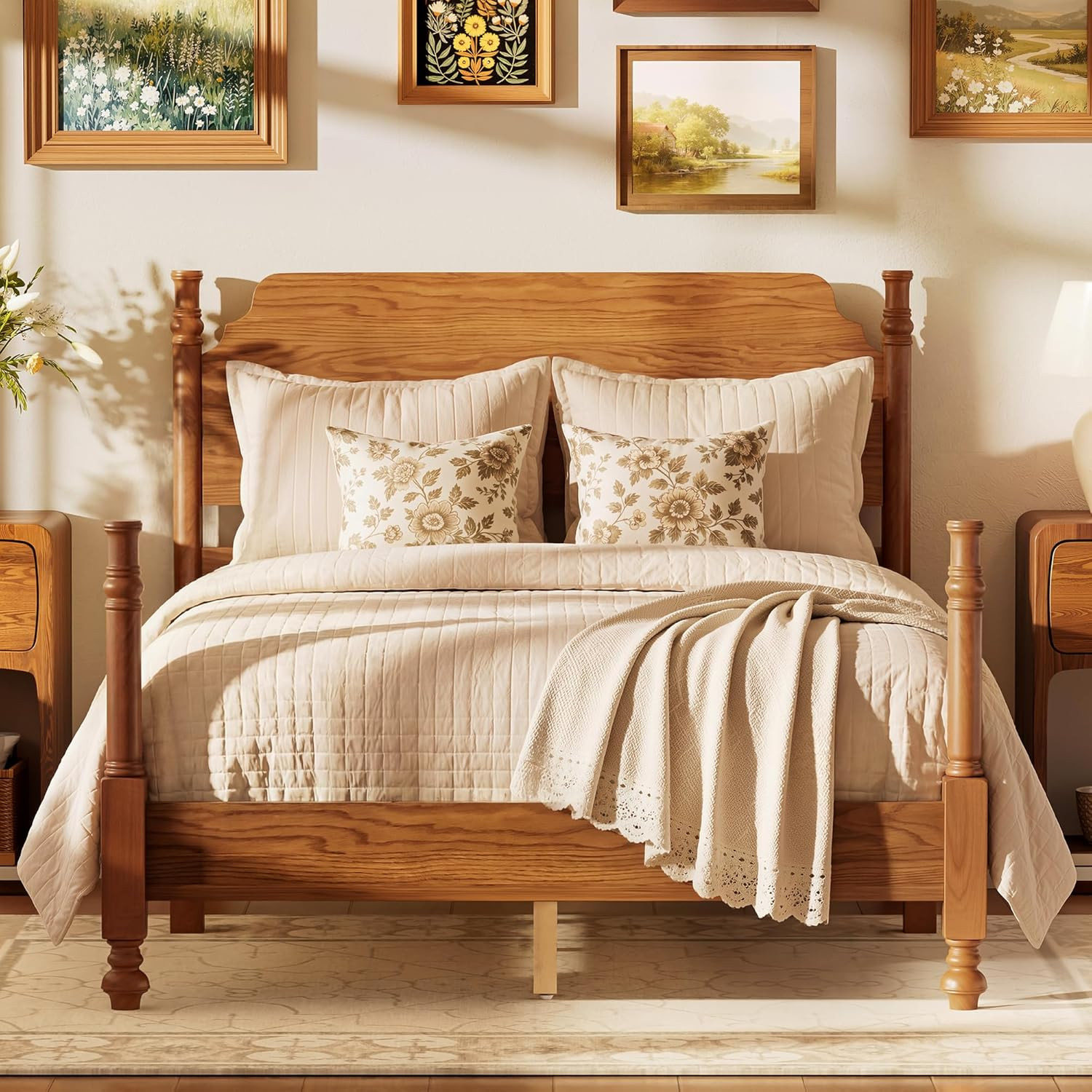 Vintage Full Size Wood Spindle Bed Frame with Headboard, Easy Assembly gallery