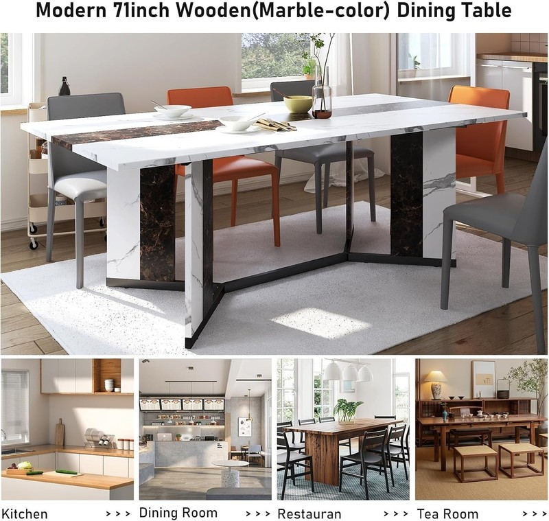 71 Inch Large Rectangular Dining Table for 6-8 People Dining Table with Marble gallery