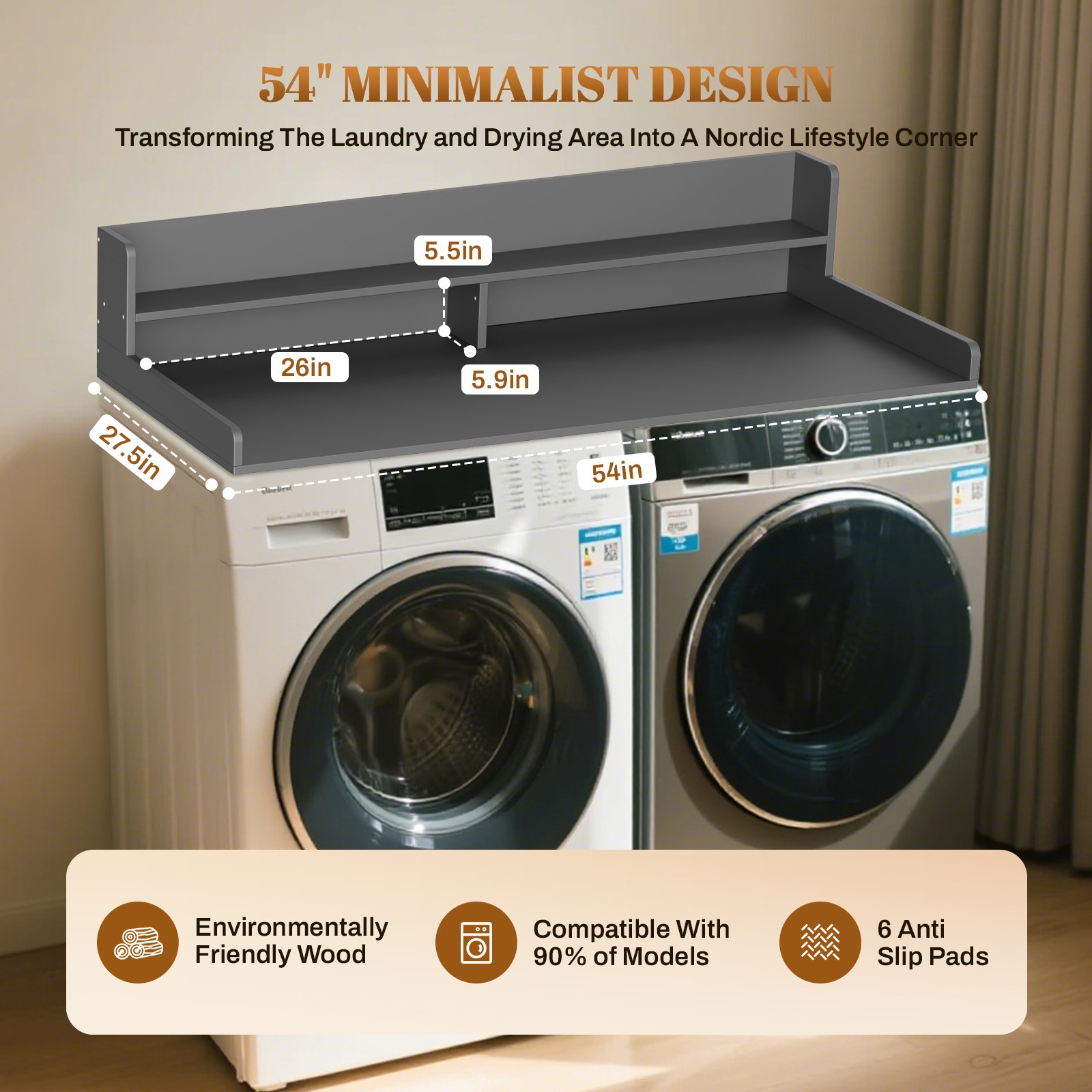 2-Tier Washer Dryer Countertop, 54" W x 27.5" D Wood Shelf Topper with Edge gallery