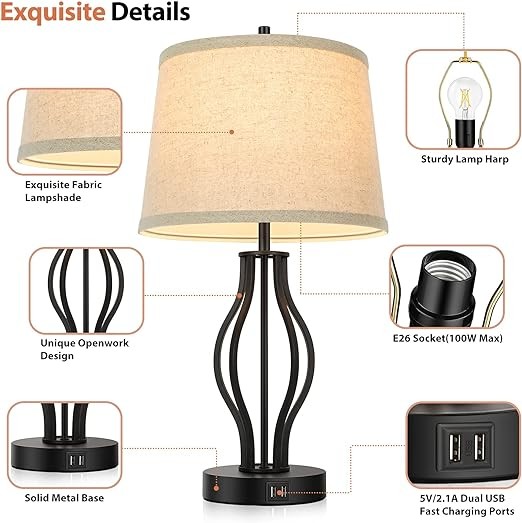 BesLowe Set of 2 Touch Control 3-Way Dimmable Lamps 22in Modern T0353 - Black gallery