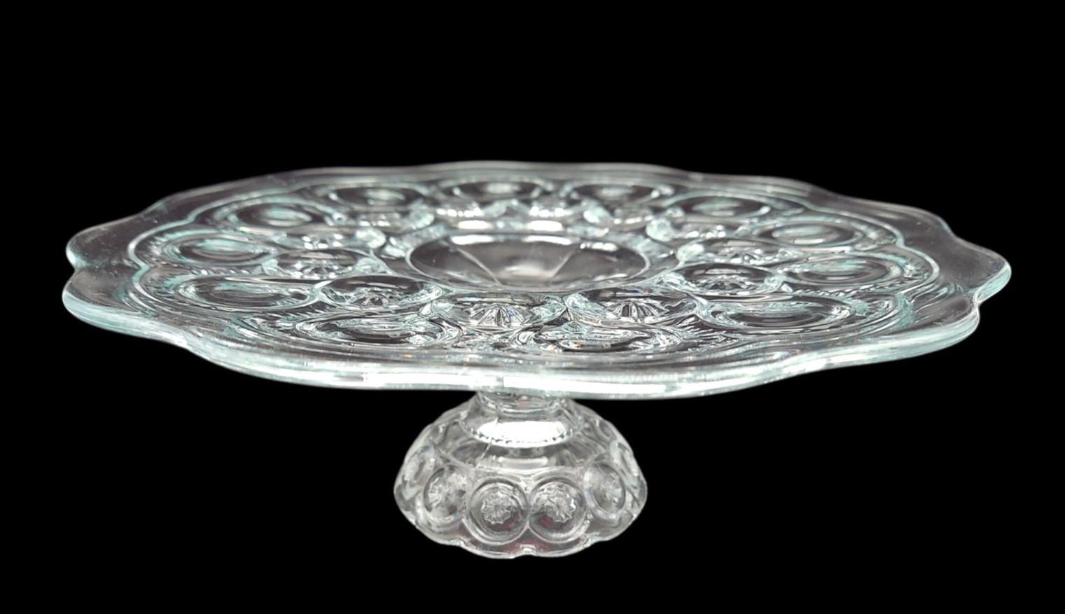 LE Smith Moon & Stars Cake Stand Clear Glass Scalloped Edge Vintage 4" Tall gallery
