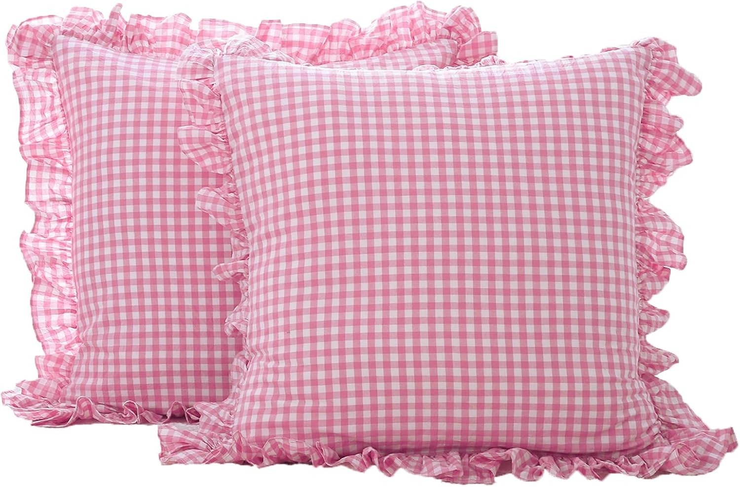 2 Pack Pink Plaid Ruffle Euro Pillow Shams 26x26 inches Washed Cotton Pink an. gallery