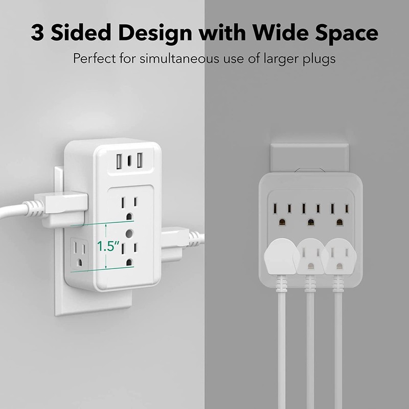 BN-LINK Multiple Plug Outlet Extender, 6 Wall Outlets and 3 USB Ports (1 USB C) gallery