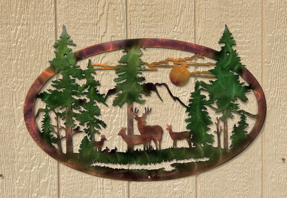 Deer Mountains And Trees Wildlife Cabin Metal Wall Art Rustic Home Decor Gifts