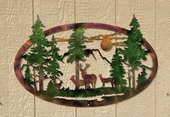 Deer Mountains And Trees Wildlife Cabin Metal Wall Art Rustic Home Decor Gifts