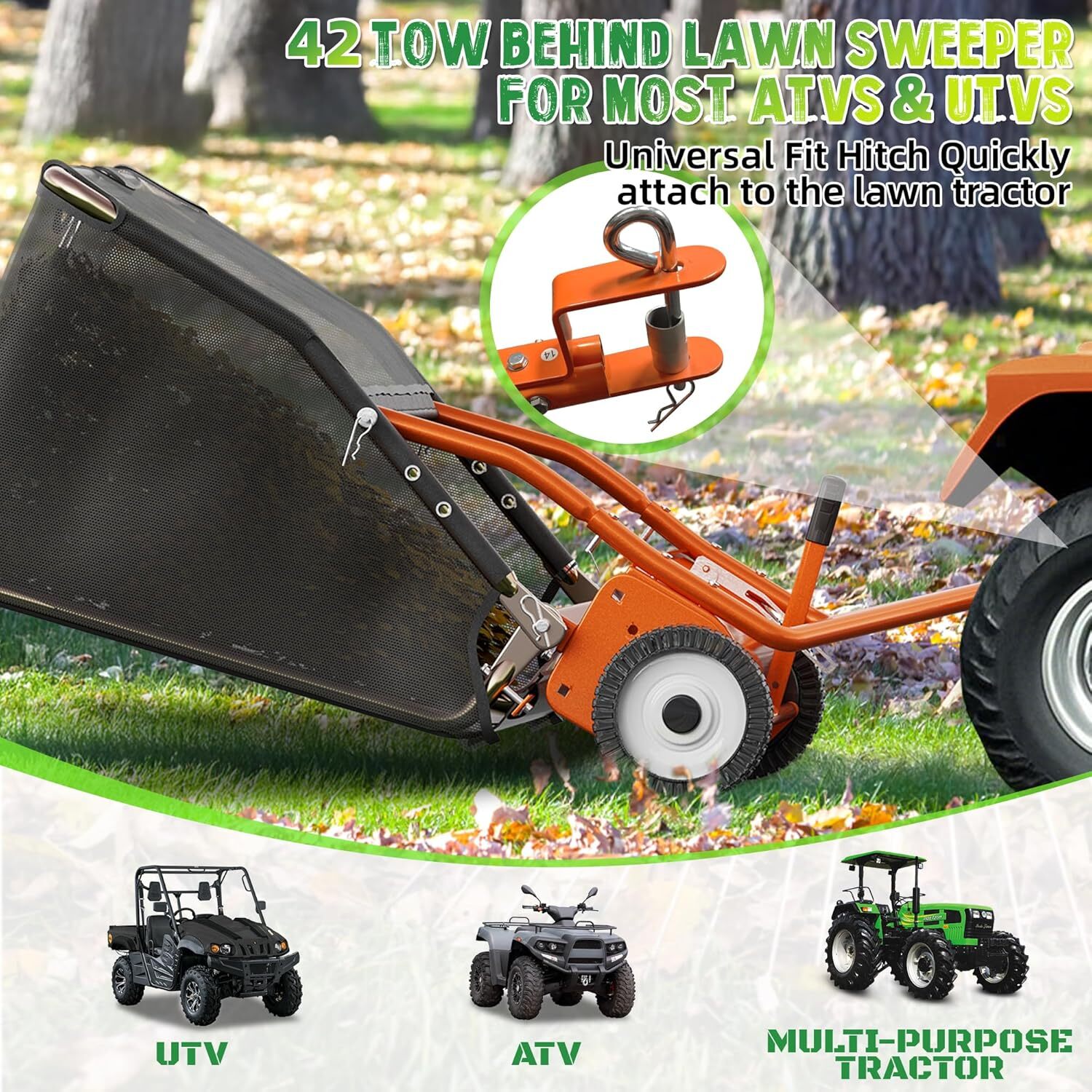 42" Tow Behind Lawn Sweeper Leaf Collector Sweeper for Lawn 18.55 Cu FT Capacity gallery