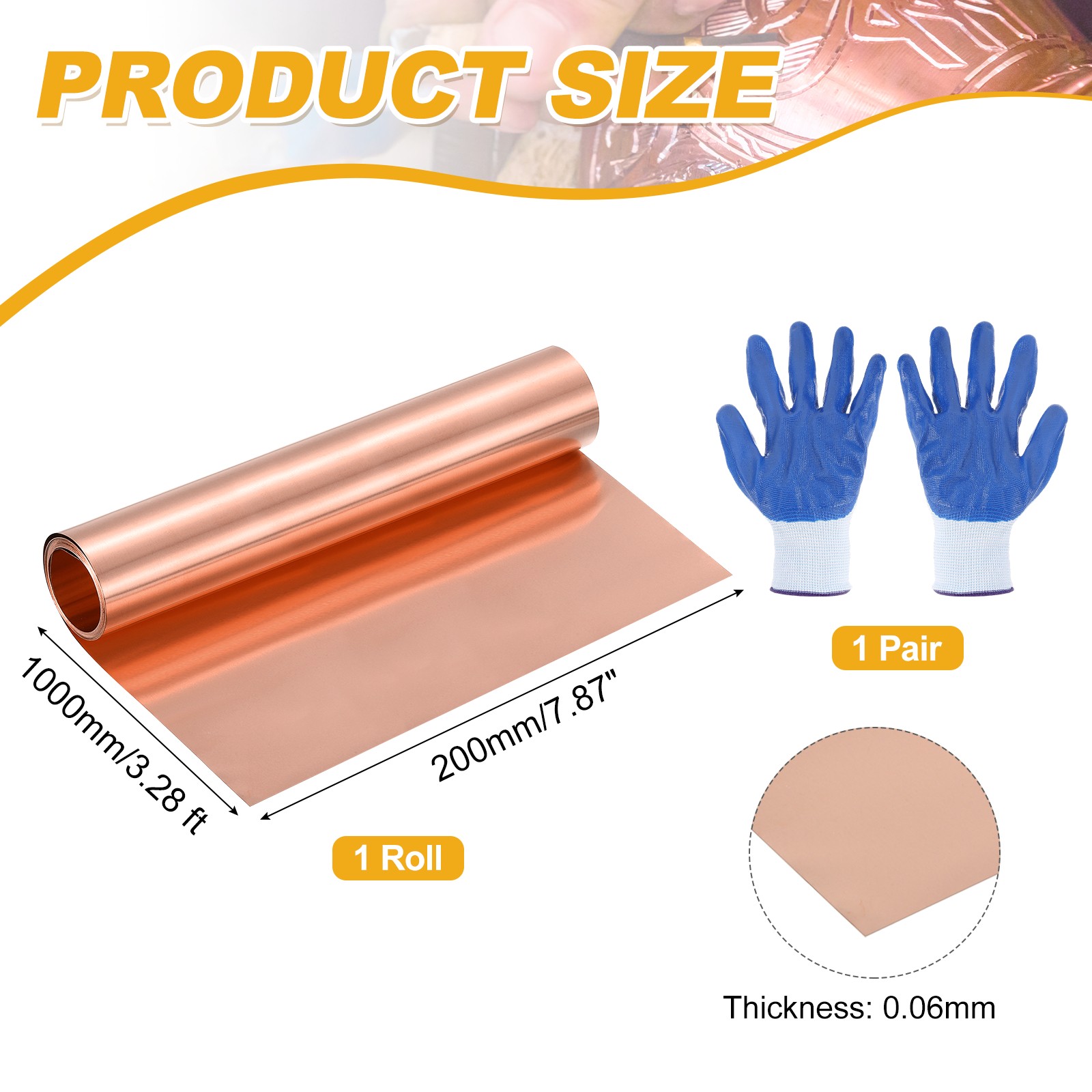 3.28ft Copper Sheet Roll, 1000x200x0.06mm Pure Copper Strip with Gloves gallery