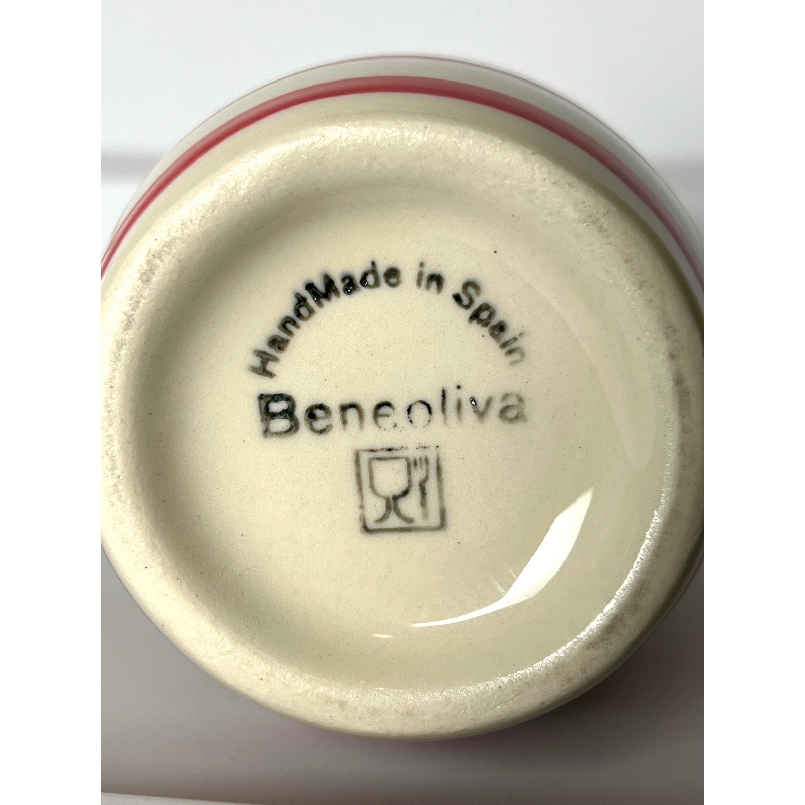 BeneOliva Hand Made Spain Ceramic Olive Oil Bottle Red Stripe Cork Stopper gallery