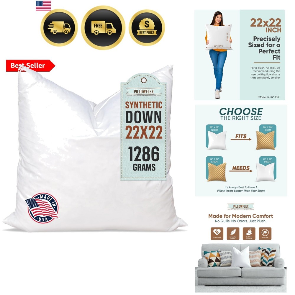 Synthetic Down Pillow Insert - 22x22 Down Alternative, Ultra Soft Large Squar...