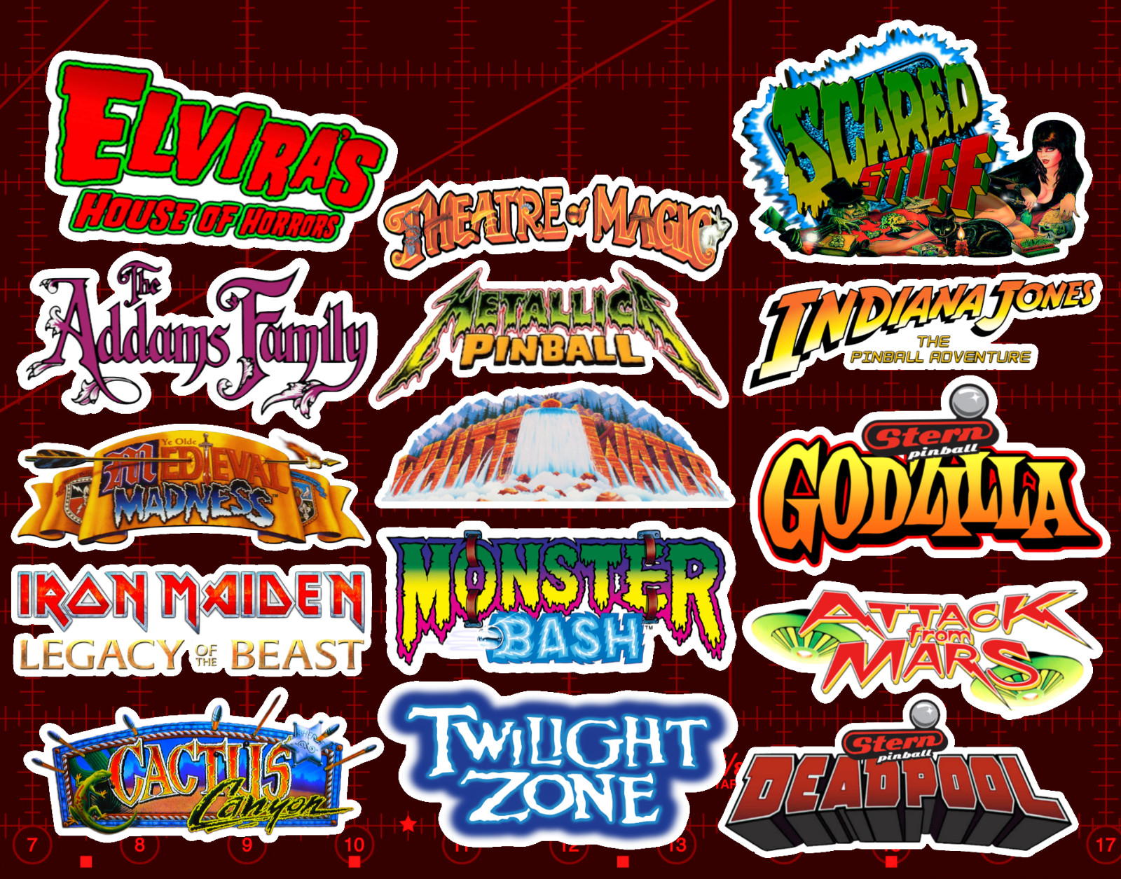 15 Modern Pinball Logo Stickers - White, Clear or Holographic - Elvira Deadpool gallery