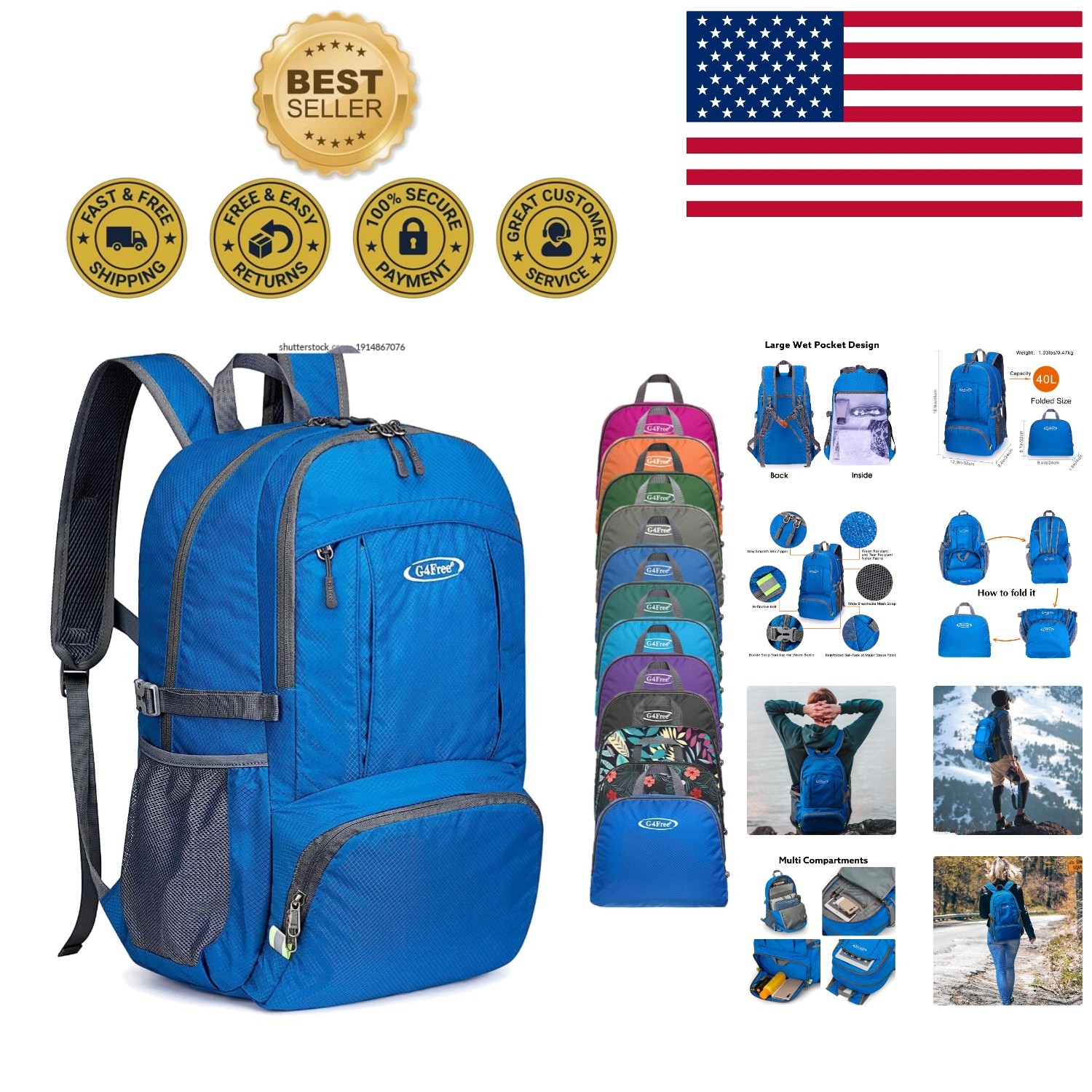 Lightweight Packable Hiking Backpack with Waterproof Wet Pocket - 40L Storage