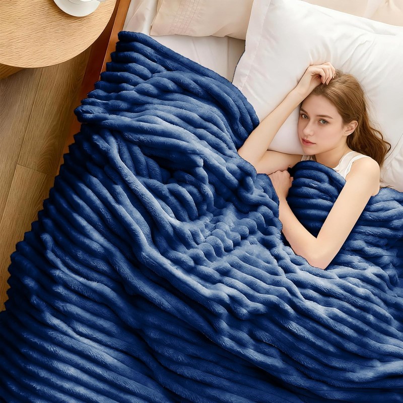 Navy King Size Blanket for Bed Soft Plush Ribbed Striped Fleece 108x90 Inch gallery