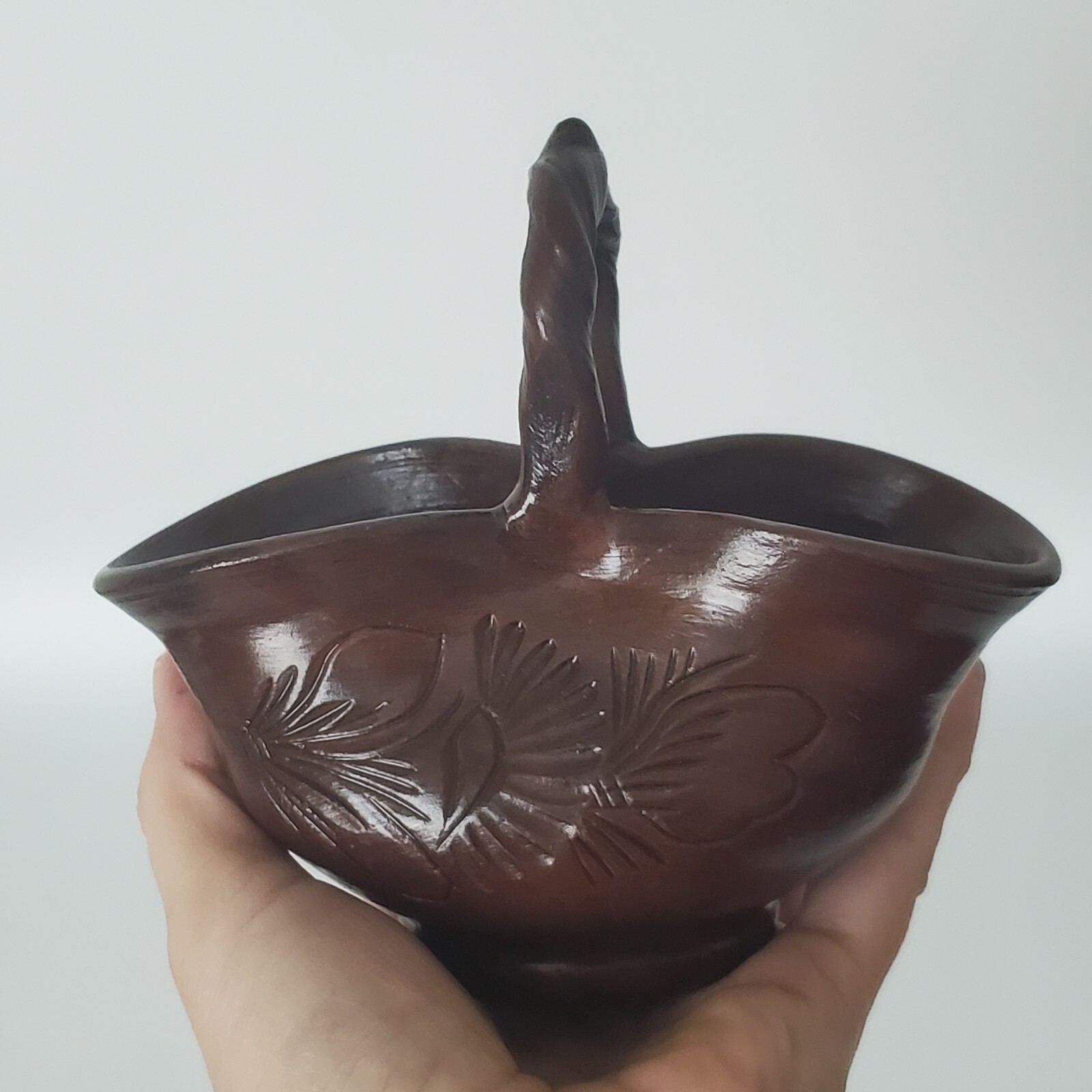 VTG KOROND Transylvania Pottery MiniBasket Planter Hand Carved Signed gallery