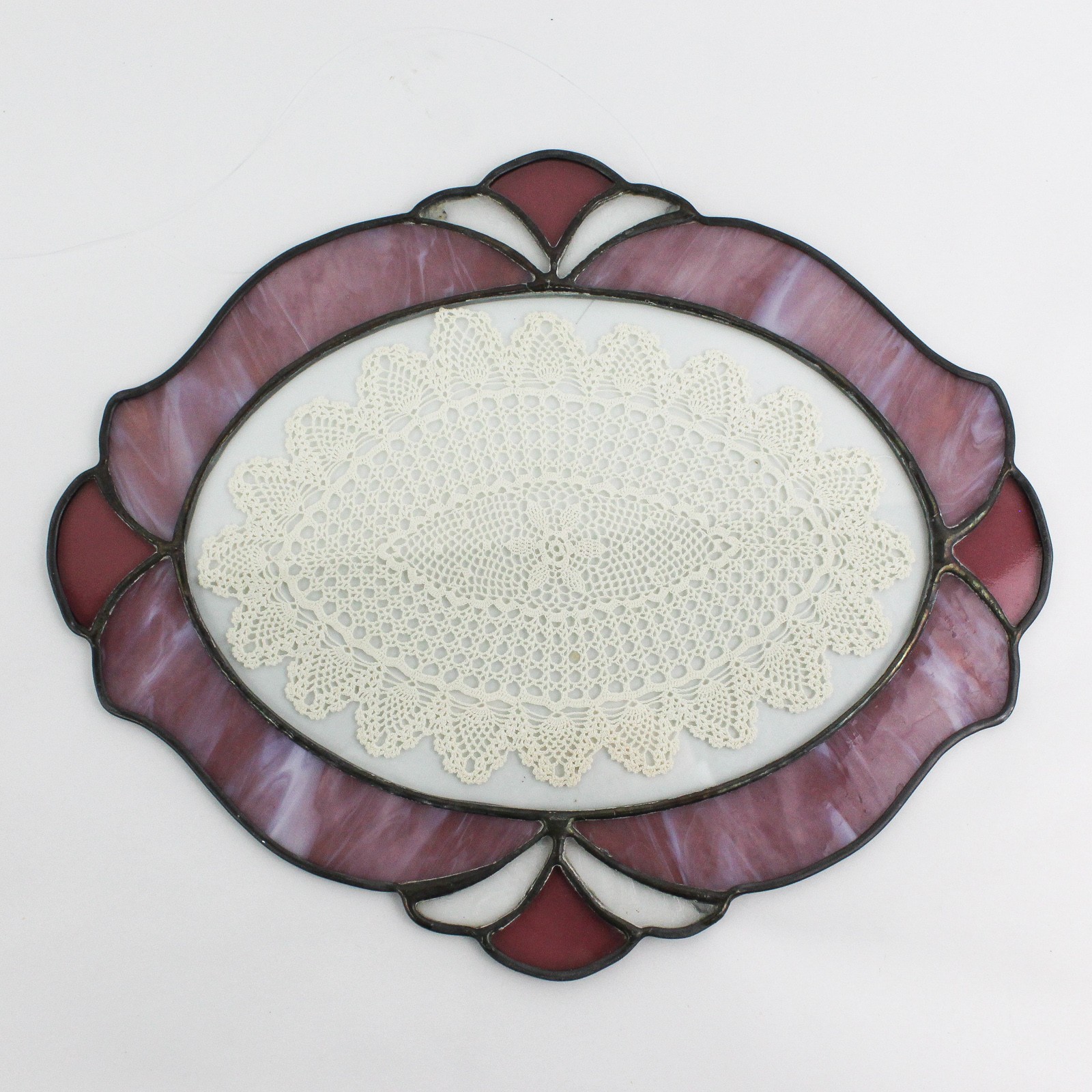 Oval Stained Glass Suncatcher W/ Crocheted Doily Window Hanging 15.5" Wide gallery