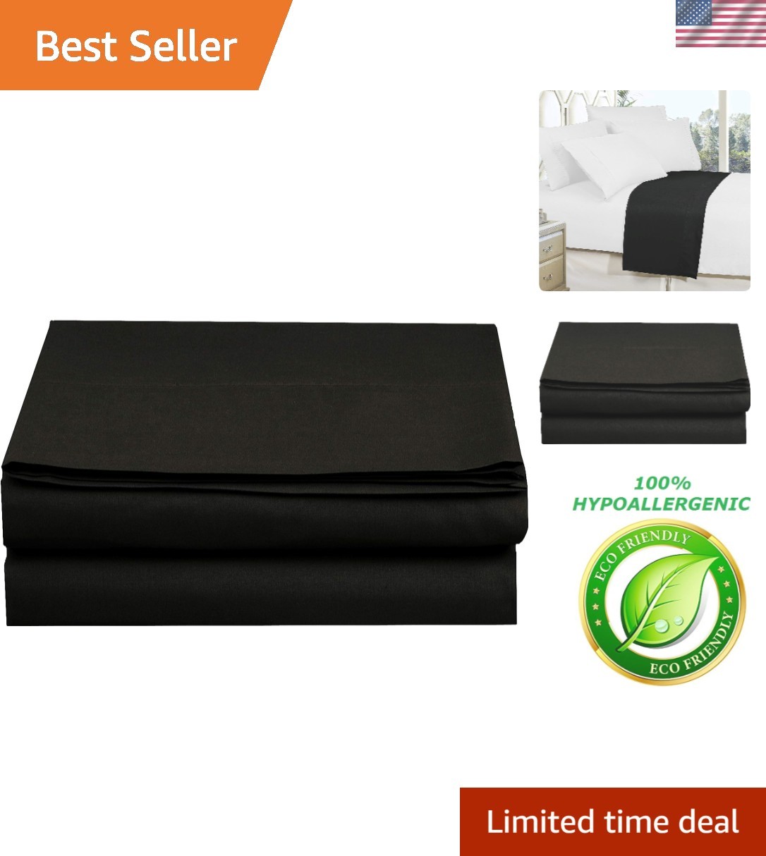 Hotel Quality Black Microfiber Flat Sheet - Queen Size, Stain-Resistant gallery