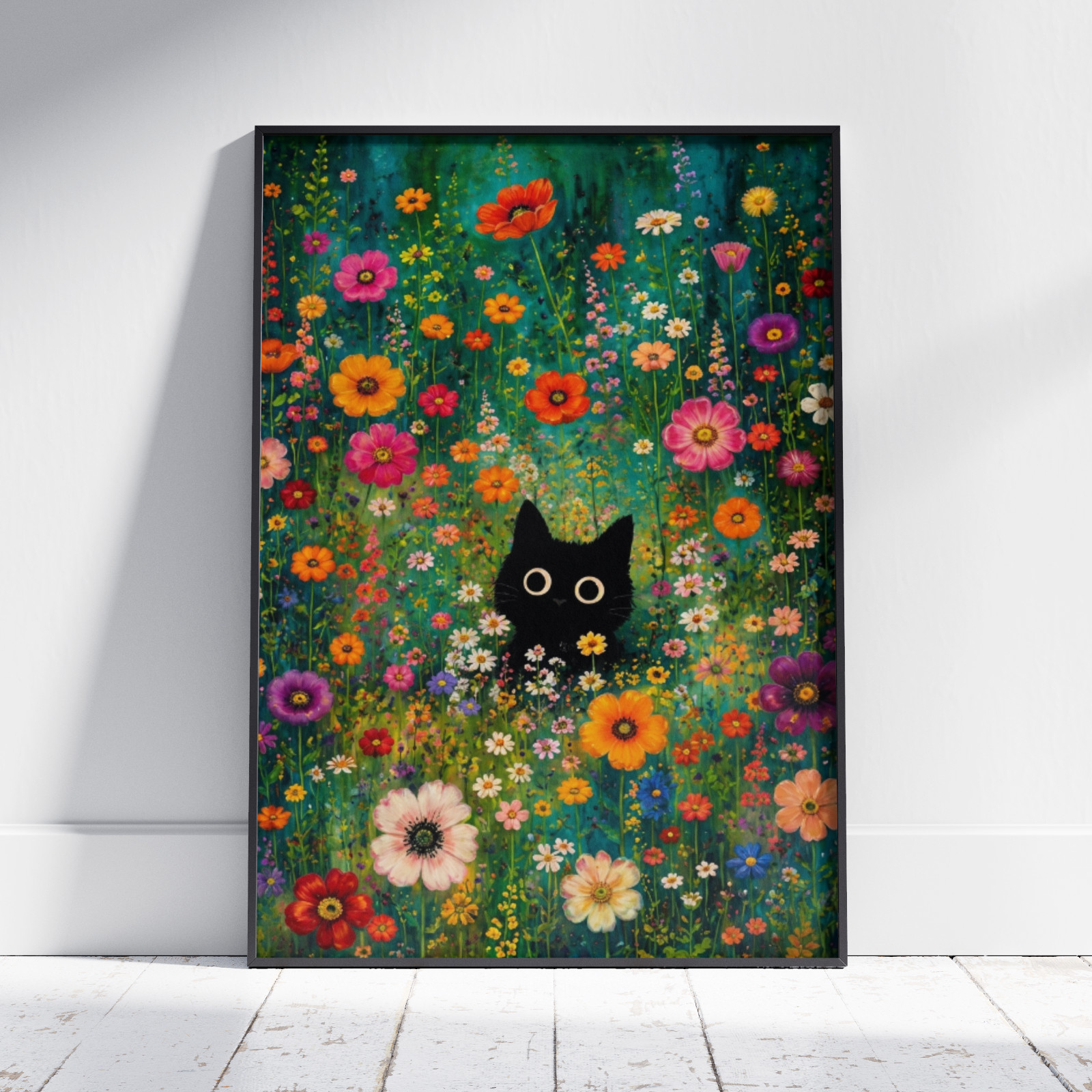 Cute Black Cat Wildflower Poster - Colorful Floral Garden Wall Art Decor Print gallery