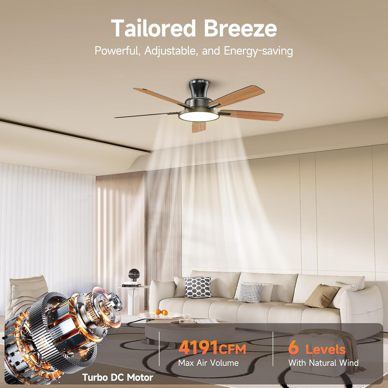 Modern 52" Ceiling Fan with Lights & Remote, Dimmable Black Flush Mount gallery