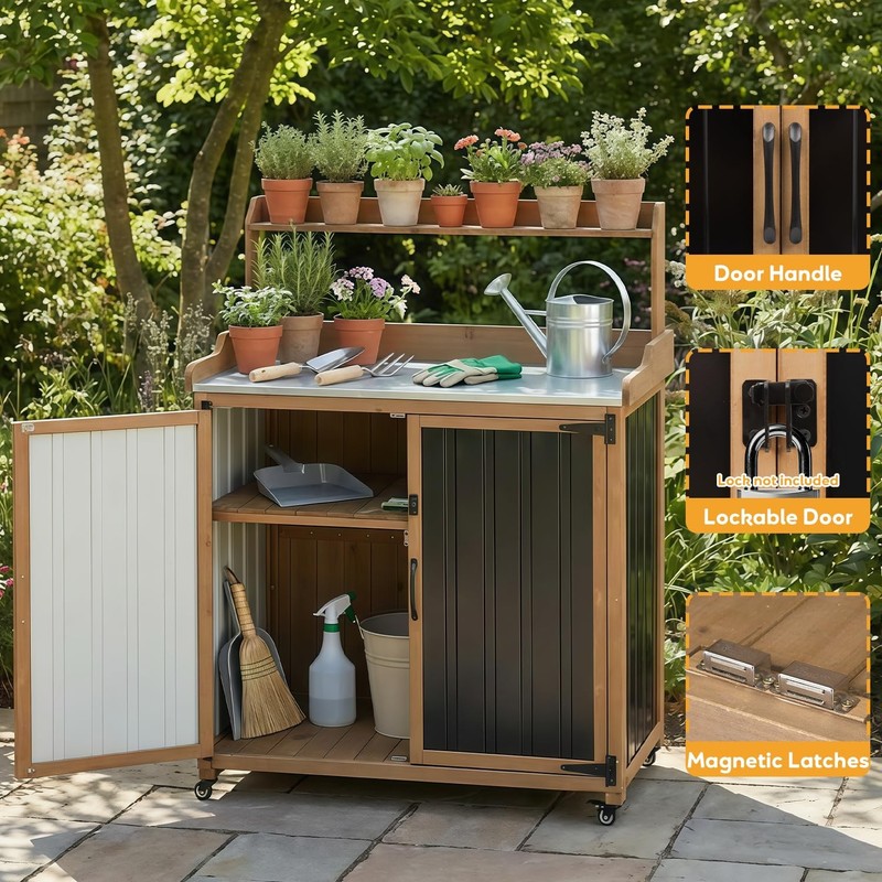 PETSCOSSET Potting Bench Table & Outdoor Storage Cabinet with Lockable Wheels gallery