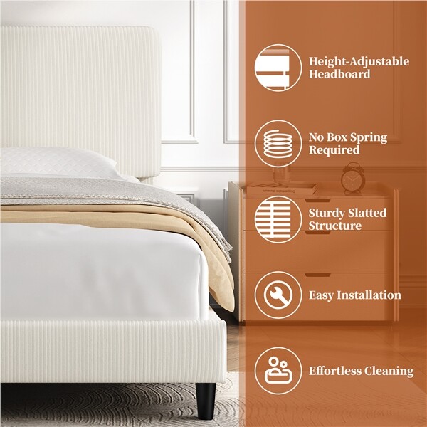 Upholstered Full/Queen Bed Frame w/ Height Adjustable Headboard, Chenille Fabric gallery