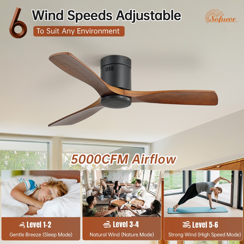 Sofucor No Light 52 Inch Flush Mount Ceiling Fans with Remote Control In/outdoor
