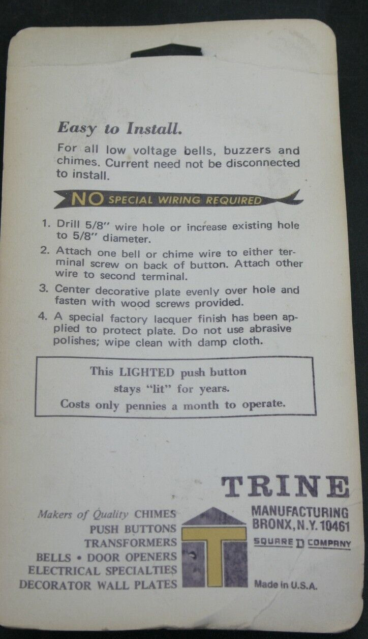 Vintage Trine Lighted Push Button Doorbell 890 French Traditional Style w/Screws gallery