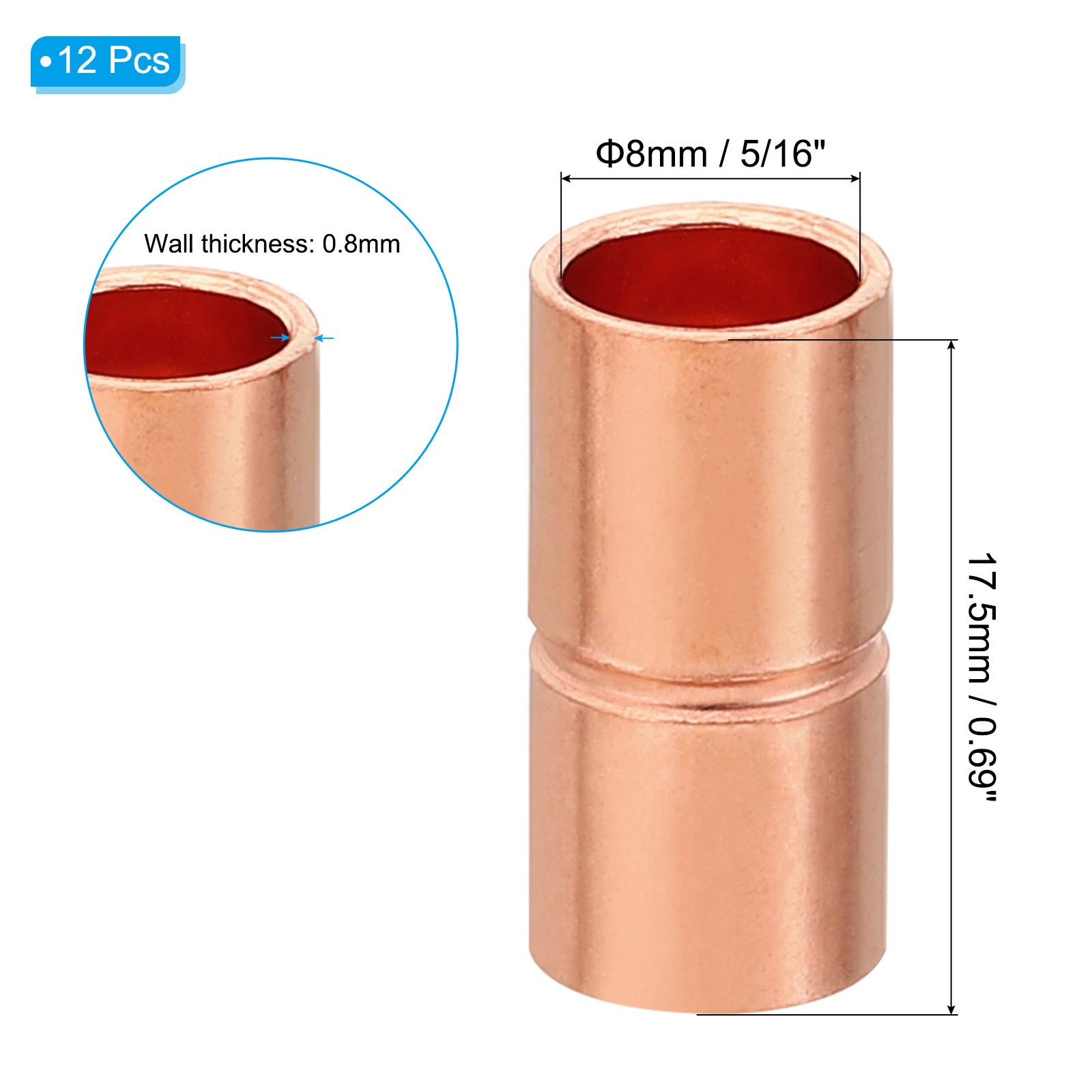 12Pcs 5/16" ID Copper Coupling Fittings Rolled Tube Stop Straight Welding Joint gallery