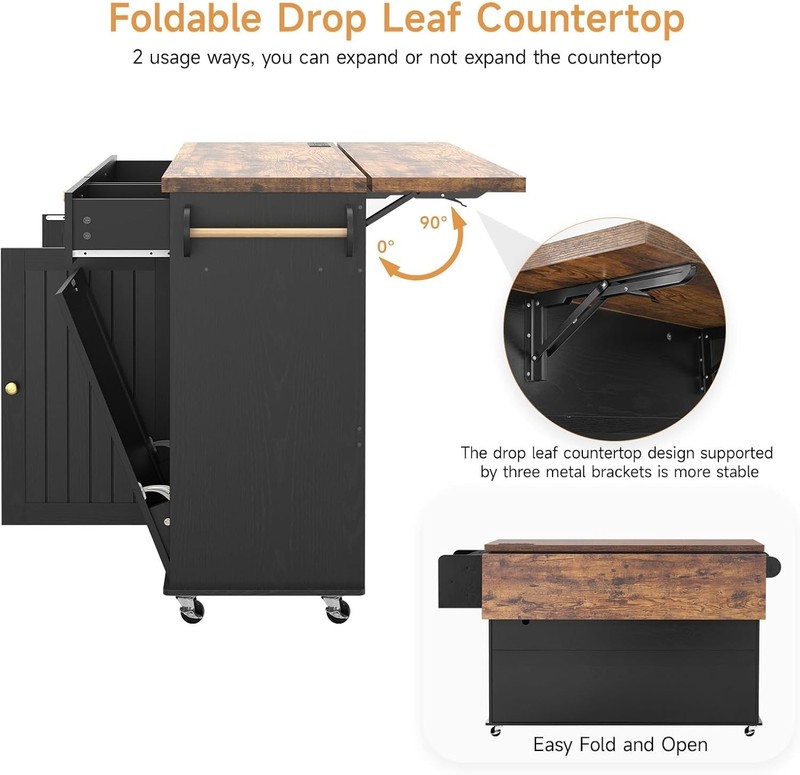 Kitchen Island with Power Outlet Drop Leaf Spice Rack Towel Holder Cart gallery