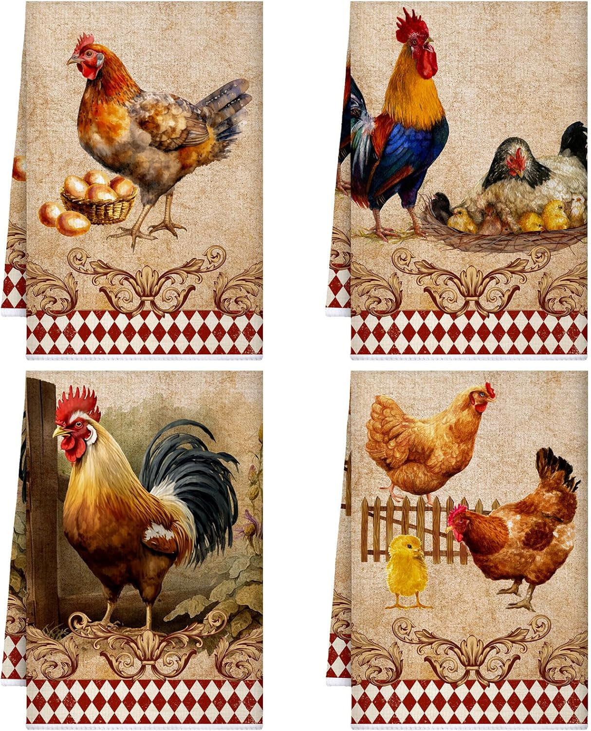 4 Pcs Chicken Kitchen Towels Rooster Dish Hand Towels Farm Animal Cow Vintage Ru gallery