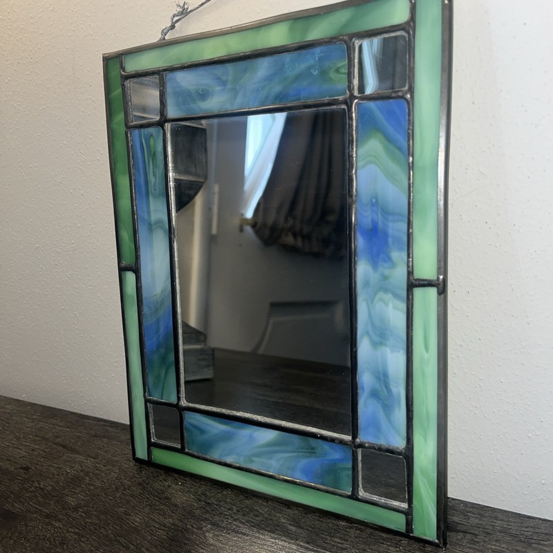 Vtg Stained Glass Mirror Rectangular Wall Hanging Handmade Decor 7x9 Blue/Green gallery