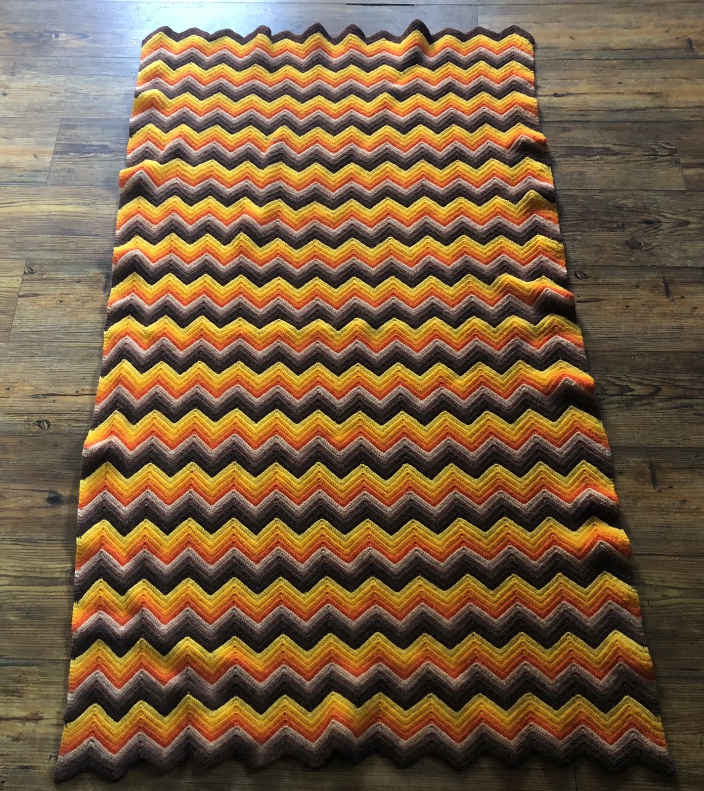 Vtg Handmade Crochet Chevron Stripe Throw Blanket Orange Yellow Brown gallery