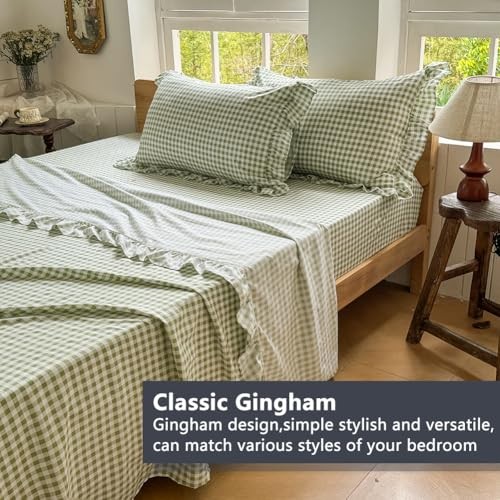 Ruffle Sheet Set, Green Soft Pre-Washed Microfiber Twin Sage Green Gingham gallery