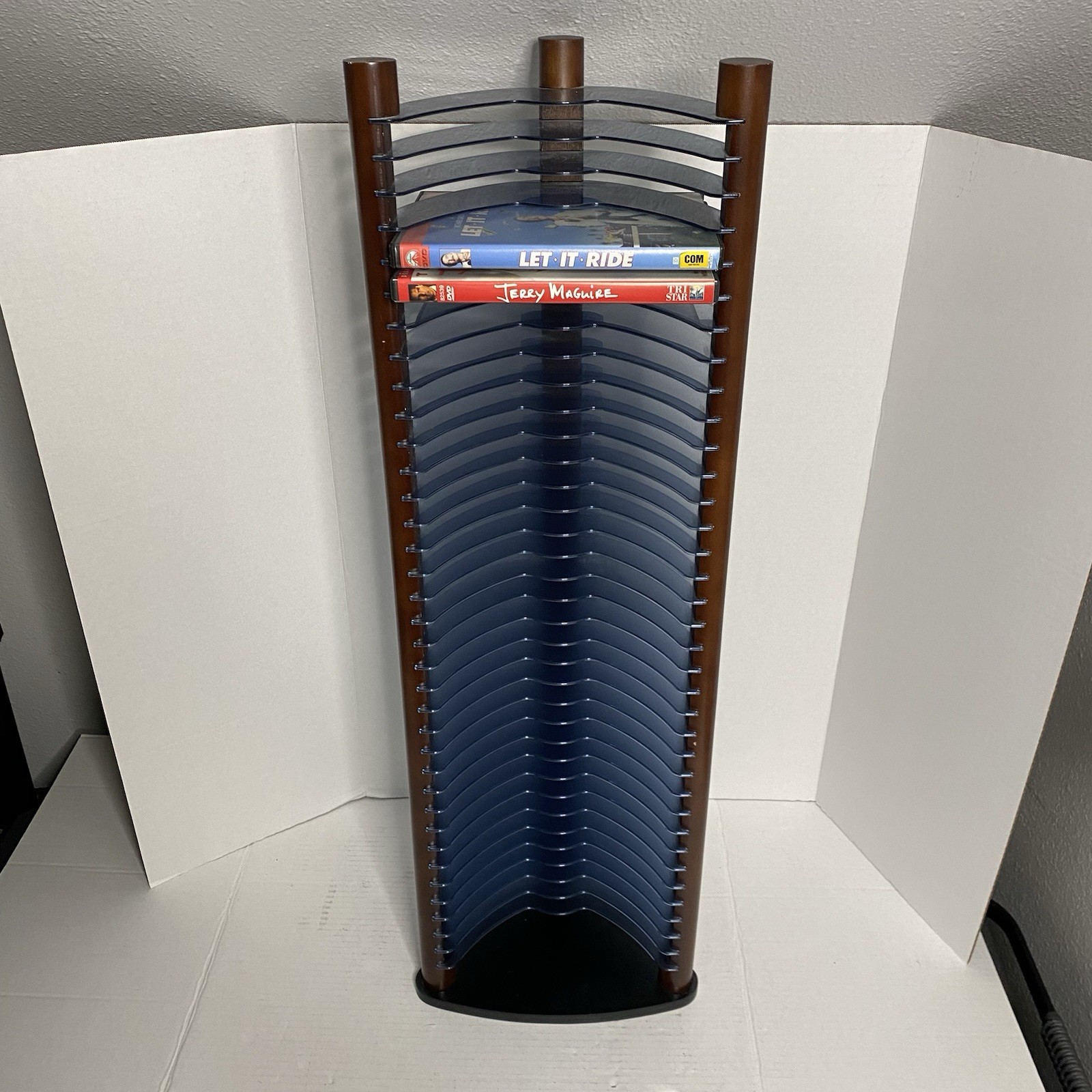 Vtg Atlantic DVD Storage Tower Rack Holds 35 DVD’s Red Wood Pillars w/ Blu Slots gallery