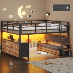 Full Size Low Loft Bed with Desk,Full Size Bed Frame with 9 Storage Drawers,
