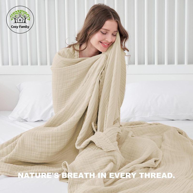 4 Layer Muslin Bed Blanket - Breathable and Lightweight Gauze Boho Blanket for S gallery
