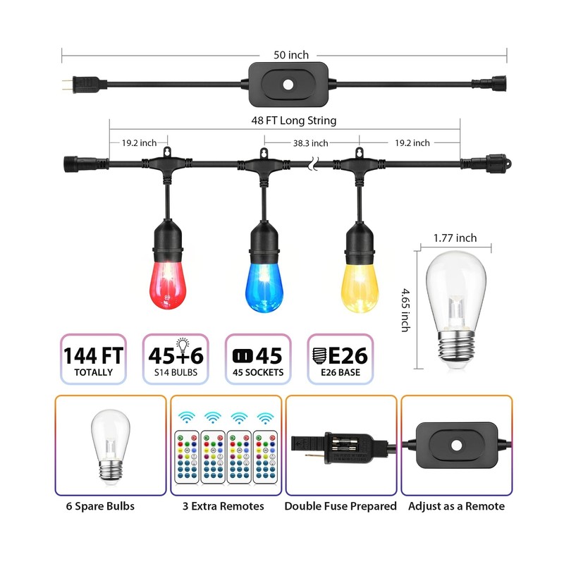 Mlambert 144Ft(3x48ft) Multicolor Outdoor Patio Lights, Dimmable RGB Cafe Str... gallery