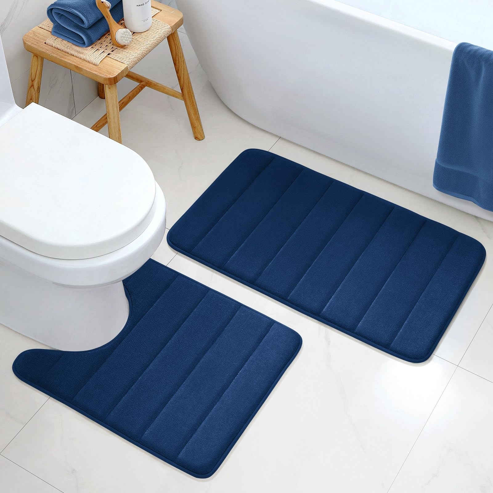 2 PCS Bathroom Rugs Sets Memory Foam Non Slip Navy Blue 20x32 20x24 Inch gallery