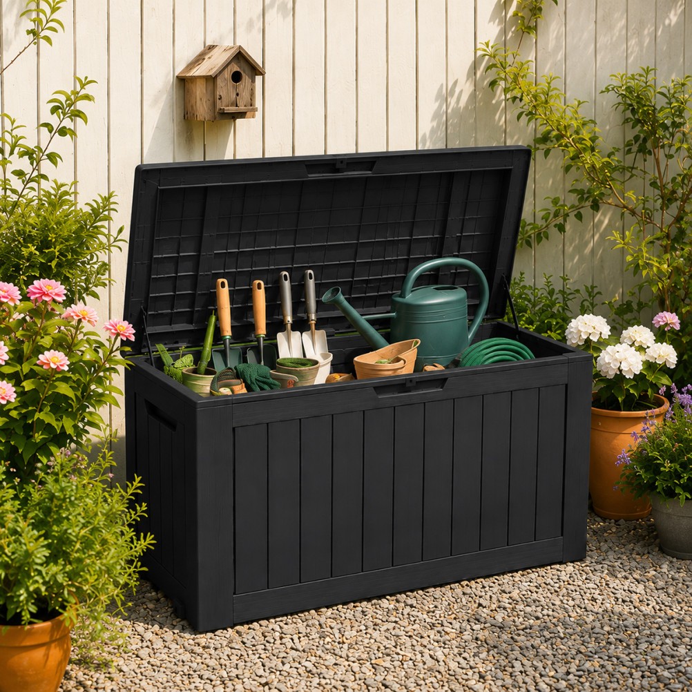 80-320 Gallon Waterproof Resistant Resin Lockable Deck Box Outdoor Storage Box gallery